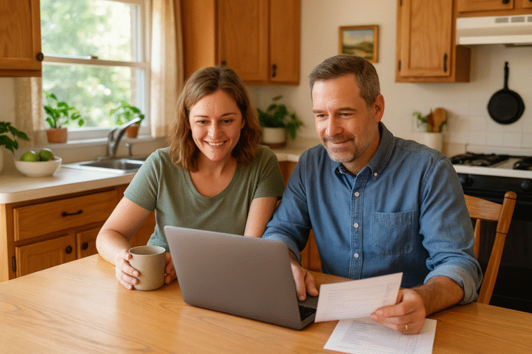 A man and woman sit at a kitchen table looking at a laptop, reviewing paperwork and sipping coffee. Both appear focused and engaged as they discuss smart mid-year money moves to boost their financial health.
